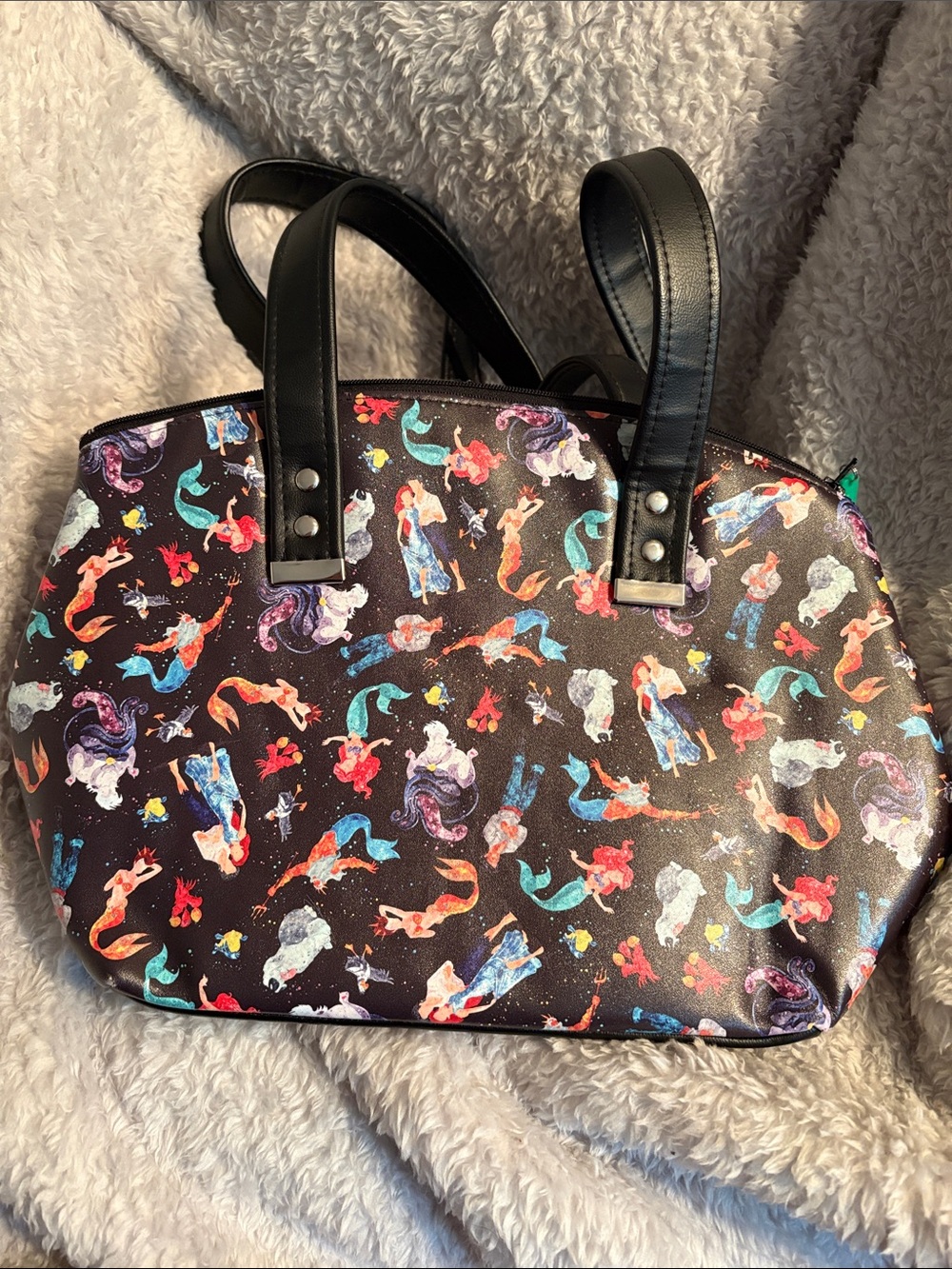 Black The Little Mermaid Print Shoulder Bag with Black Handles